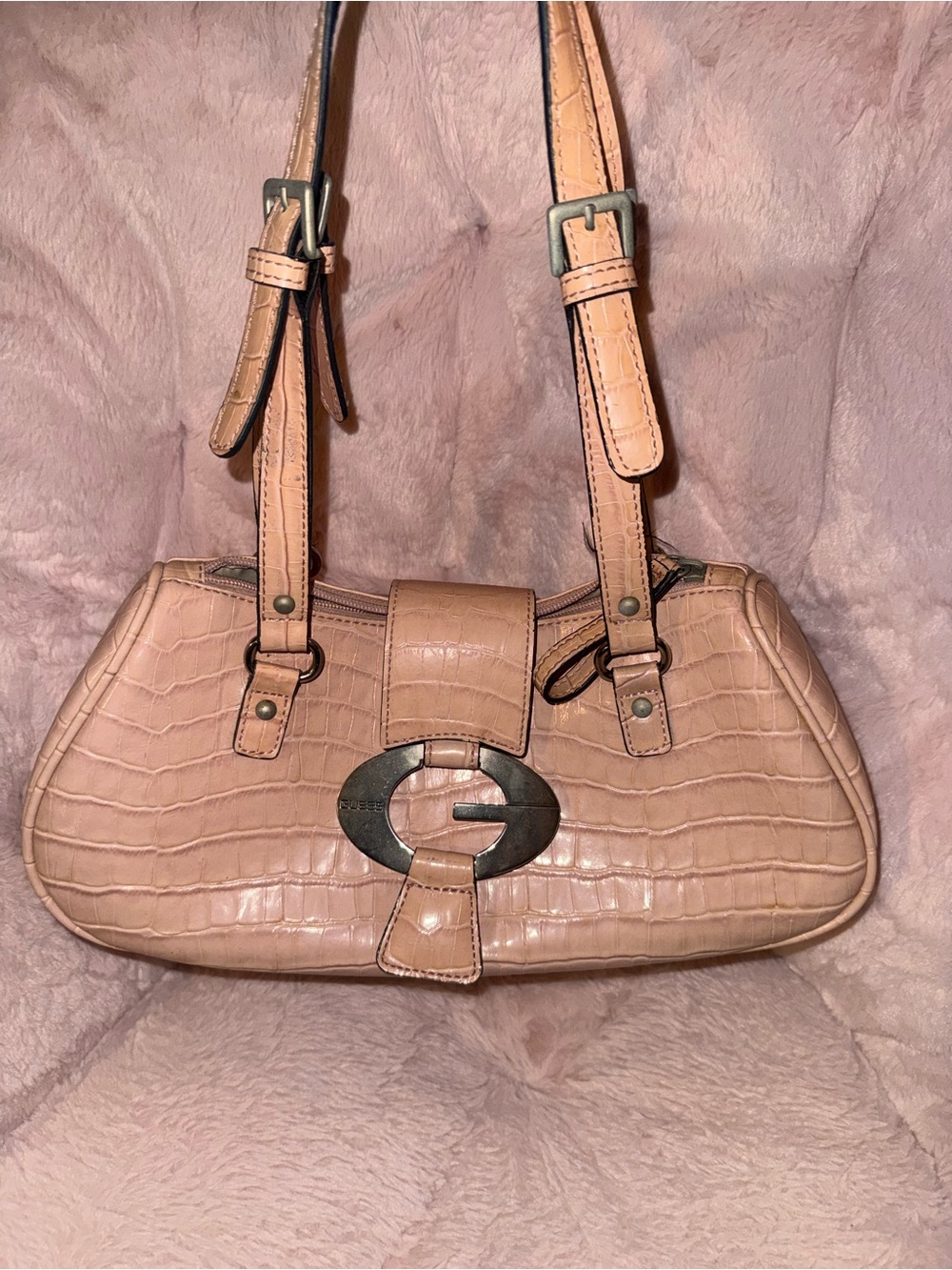 Guess Croc-Embossed Pink-Tan Shoulder Bag with Metal G Emblem